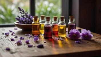 Essential oil bottles on a wooden table surrounded with varieties of spa herbs, including lavender, chamomile, eucalyptus photo