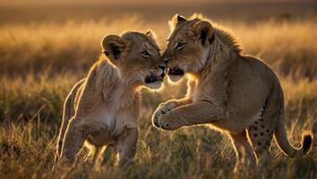 Two adorable baby lions playing with each other in the grassland with tall blades of grass photo