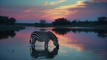 Zebra with distinctive black and white coat drinking water from the serene lake that reflects the sunset sky photo