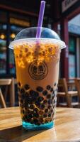 Refreshing bubble tea mix with the creamy milk and tapioca pearls fusion in the plastic cup photo