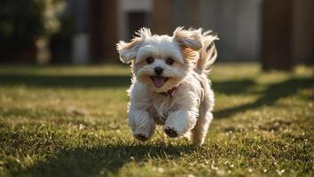 Adorable little Maltese dog with light fur running with its tongue lolling out in happiness photo