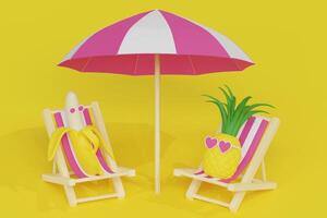 Cartoon cute pineapple in the heart shaped glasses and banana fruits characters in the sunbeds under the beach umbrella taking sunbath 3d rendered illustration on the yellow background photo