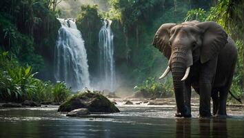 Large African elephant with tough wrinkled grey skin stands near waterfall cascades down rocky terrains photo