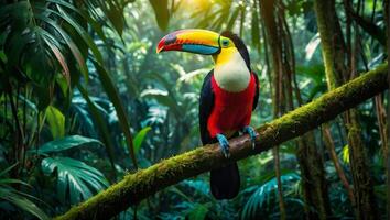 vistoso tucán pájaro en un árbol rama en un lozano tropical selva foto