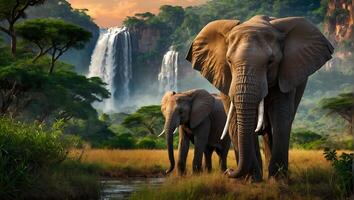 Large African elephant and baby elephant with tough wrinkled grey skin stand near waterfall photo