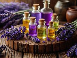 Essential lavender oil bottles on a wooden table surrounded with purple lavender flowers photo