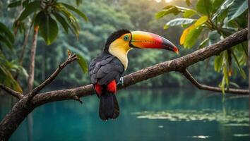 Colorful toucan bird on a tree branch in a lush tropical rainforest near blue lake photo