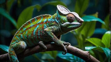 exótico camaleón de vibrante colores y sorprendentes patrones formado por red de único escamas en medio de verde lozano selvas foto