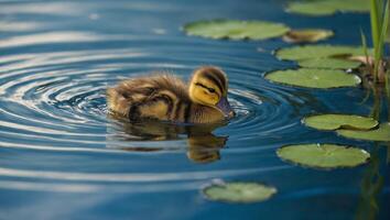 Cute youthful duckling swimming in the pond surrounded by floating plants and vibrant lush greenery photo