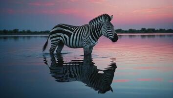 cebra con distintivo negro y blanco Saco en pie en el sereno lago ese refleja el puesta de sol cielo foto