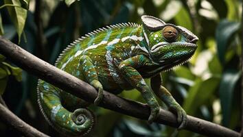 Exotic chameleon of vibrant colors and striking patterns formed by network of unique scales amidst green lush jungles photo