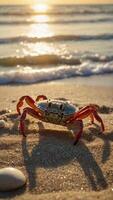 Small adorable crab with bright eyes and tiny claws on the sandy beach. Setting sun and the tranquil sea in the background. photo