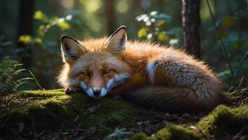 Close up view of a young sleeping fox nestled amongst the undergrowth of a serene forest photo