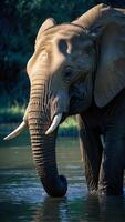 Large African elephant with tough wrinkled grey skin at the watering hole photo