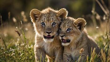 Two adorable baby lions in the grassland with tall blades of grass photo