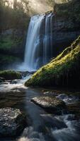 Splendorous waterfall cascading down a steep rocky cliff photo