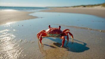 Small adorable crab with bright eyes and tiny claws on the sandy beach. Setting sun and the tranquil sea in the background. photo