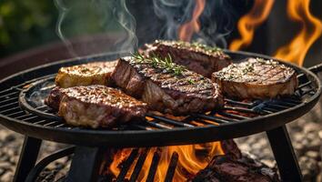 Juicy sizzling pieces of meat marinated with herbs and spices grilled on an outdoor barbecue photo