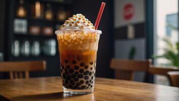 refrescante burbuja té mezcla con el cremoso Leche y tapioca perlas fusión en el el plastico taza foto