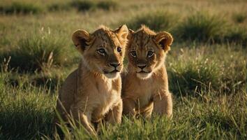 Two adorable baby lions in the grassland with tall blades of grass photo