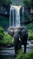 Large African elephant with tough wrinkled grey skin stands near waterfall cascades down rocky terrains photo