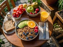 Healthy breakfast including fresh granola, fruits, glass of fresh orange juice and grain bread photo