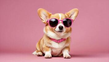 Cute little corgi dog wearing a pair of round pink sunglasses on the pink background photo