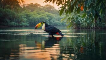 Colorful toucan bird in the serene lake surrounded with lush tropical rainforest photo