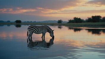Zebra with distinctive black and white coat drinking water from the serene lake that reflects the sunset sky photo