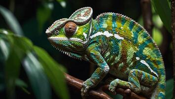 Exotic chameleon of vibrant colors and striking patterns formed by network of unique scales amidst green lush jungles photo