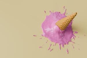 Melted Pink Ice Cream Cone on Yellow Background with Copy space photo