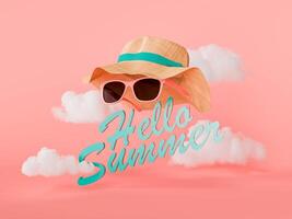 Hello Summer Text with Stylized Straw Hat and Sunglasses on Red Background With Clouds photo