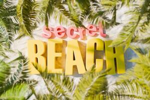 Secret Beach Text on Sandy Background with Tropical Leaves photo