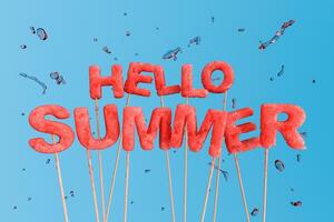 Hello Summer Written in Watermelon Letters on Sticks with Juice Droplets on Blue Background photo