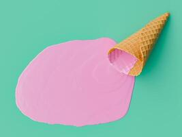 Pink Ice Cream Melted on Green Background with Cone photo