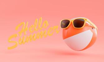 Hello Summer Text with Stylized Beach Ball and Sunglasses on Red Background photo