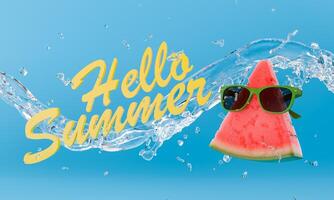 Hello Summer Text with Watermelon Slice and Sunglasses in Water Splash on Blue Background photo