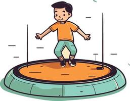 contento chico saltando en un trampolín en dibujos animados estilo. vector