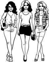 Beautiful young women in casual clothes. Black and white. vector