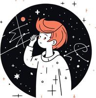 astronauta niña en exterior espacio en plano estilo. vector