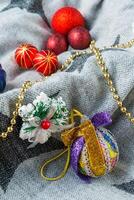 Christmas decorations on a color background. New year toys. photo