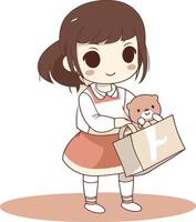 Girl holding a teddy bear and shopping bag. vector