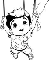 Cartoon boy swinging on a swing. Black and white illustration. vector