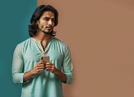 Stylish South Asian Man in Traditional Mint Green Kurta with Smartphone photo