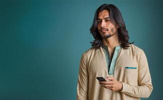 Traditional South Asian Man in Embroidered Kurta with Smartphone - Studio Portrait photo