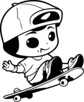 Cute boy in helmet with skateboard. Cartoon illustration. vector