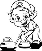 Black and White Cartoon Illustration of Cute Little Boy Playing Toy Car vector