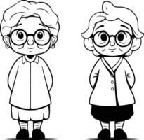 Elderly couple with glasses - black and white illustration. vector