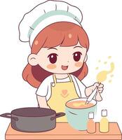 linda pequeño cocinero niña Cocinando en el cocina. vector