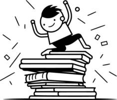 Little boy jumping on pile of books. Flat style illustration. vector